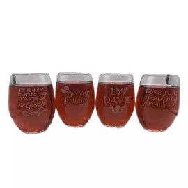 Shabby Sign Shoppe Set / 4 Alexis David Rose Schitts Creek Quotes Stemless Wine Glass ENGRAVED Gift