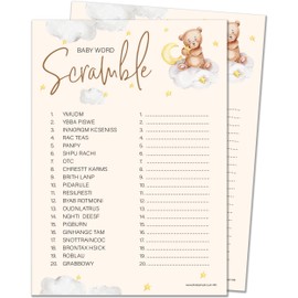 20 x Word Scramble Baby Shower Game – Unisex Neutral Teddy Bear Design (20 Guest Cards + 1 Card of Answers for The Host + Winner's Certificate)…