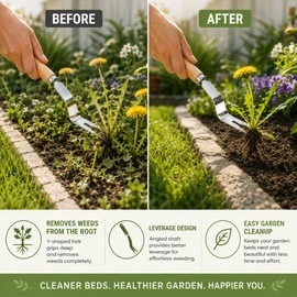 Stainless Steel Hand Weeder for Garden Weed Removal – Y-Shaped Root Puller Tool with Wooden Handle