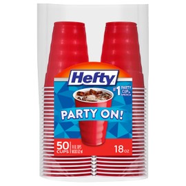 Hefty Party On Red Plastic Cups, Disposable Plastic Party Cups for Easy Cleanup and Large Gatherings, Red Cups for BBQs, Birthdays, Parties, and More, 18 Ounce, 50 Count