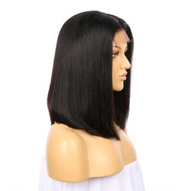 Natural Brown Black 100% Human Hair 4-4 Lace Closure Women Wig, 14 Inch Short Shoulder length Bob Style Brazillian Hair 150% Density With Baby Hair,Hand Made Wig