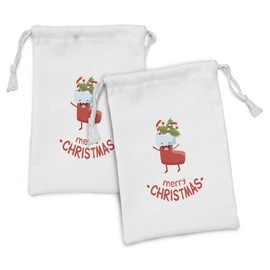 Ambesonne Christmas Fabric Pouch Set of 2, Cartoonish Happy Sock with Candy Cane and Leaves on Plain Backdrop Print, Small Drawstring Bag for Toiletries Masks and Favors, 9" x 6", Dark Pink and White