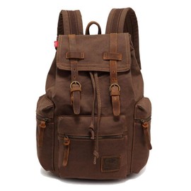 Vintage Canvas Leather Backpack Unisex Casual College Bag Hiking Bag 15.6-inch Laptop Business Backpack Canvas Rucksack, Coffee
