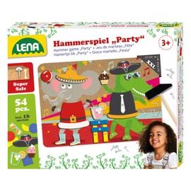 Lena Lena 65835 - Hammerspiel Party, Nagelspiel mit 38 farbigen Teilen & 16 Sonderteile, XXL Grundplatte aus Kork ca. 28 x 19,5 cm, Hammer und Nägel, Klopfspiel für Kinder ab 3 Jahre, Hämmerchenspiel