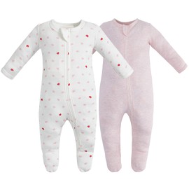 Owlivia Organic Cotton Baby Pajamas, Boys Girls 2-Pack Zip Front Sleep 'N Play, Footed Sleeper, Long Sleeve(Newborn, Pink Melange+Pink Heart)