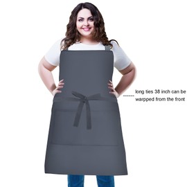 XIEJINJIA 2 Pack Adjustable Bib Apron Long Ties with 2 Pockets Thicker Canvas Water Resistant Kitchen Cooking Baking Chef Aprons for Women Men Grey