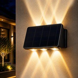TERVEEX Solar Wall Lights Outdoor, 6 LED Solar Powered Wall Wash Light, Up and Down Lighting, IP65 Waterproof Exterior Fence Lights, Warm White, Auto On/Off for Patio, Fence, Garage, Garden, Yard