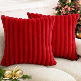 BAOLIZEGAO Christmas Red Faux Fur Plush Throw Pillow Covers 20x20 Set of 2 Fuzzy Striped Soft Cozy Pillowcase Luxury Decorative Pillows Square Fluffy Cushion Covers for Couch Bed Living Room