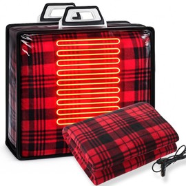Tuanse 58 x 43 Inches 12 Volt Heated Car Blanket Plug in Portable Car Electric Blanket with Cigarette Lighter, Temperature Controller and Storage Bag for Rv Truck Traveling(Red Black,Stripe)
