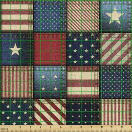 Lunarable United States Fabric by The Yard, American Flag Patchwork Vertical and Horizontal Stripe Star Forms, Decorative Fabric for Upholstery and Home Accents, 5 Yards, Blue Red