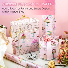 MAYPLUSS Wedding Wrapping Paper, Blush Bridal Shower Cakes Gift Wrapping Paper on Pink Pearl Paper, Reversible Diamond Ring Gift Wrap for Engagement, Party, Birthday, Celebration (17 Inch X 33 Feet)