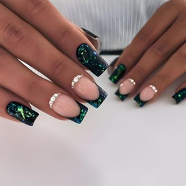 Black Green Press on Nails French Tip Fake Nails Medium Square Glue on Nail Glitter Rhinestones Acrylic Nails Gloss False Nails with Designs Cute Nude Artificial Stick on Nail for Women Girls 24Pcs