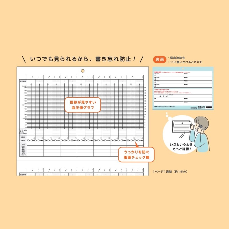 Daigo R2306 Wall B5 Blood Pressure Record Illustration, Blue [Bulk