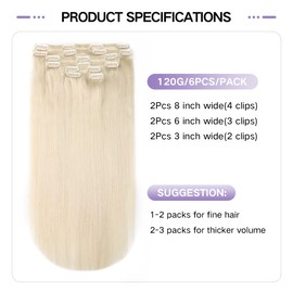 Sindra Clip-In Real Hair Extensions, 20 Inches, 50 cm, 6 Pieces, 120 g, Platinum Blonde, Real Clip-In Extensions, Silky Natural Real Hair Extensions, #60, 20 Inches