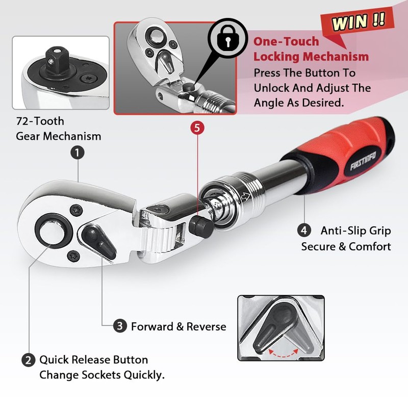 FIRSTINFO F3222NC 3/8-Inch Drive Locking & Flexible Extendable Ratchet Wrench