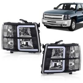 CROSSDESIGN LED DRL Tube Projector Headlights w/o Bulb Clear Lens Black Housing Clear Reflector Left & Right Compatible with Chevy Silverado 1500 2007-2013/Fit Silverado 2500 HD 3500 HD 2007-2014