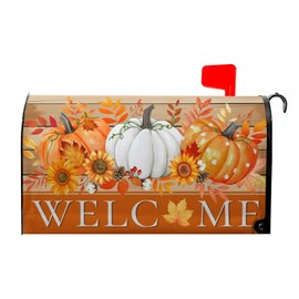 Welcome Fall Pumpkin Mailbox Covers Thanksgiving Autumn Harvest Maple Leaves Orange Mailbox Post Cover Letter Box for Garden Standard Size 21x18 in for Yard Home Decor