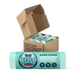 BEAST BIN BAGS, 6 Rolls of 16 x 10 Litre Bags (Total 96 Bags) - Certified Food Waste Bags made from Vegetable and Compostable Material - Extra Strong Compostable Drawstring Caddy Liners