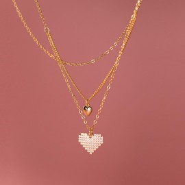 Aavoein Layered Heart CZ Pendant Necklace for Women 925 Sterling Silver Dainty Mother Daughter Necklaces 14k Gold Plated Cute Love Choker Layering Adjustable Long Chain Wedding Birthday Jewelry, Gold
