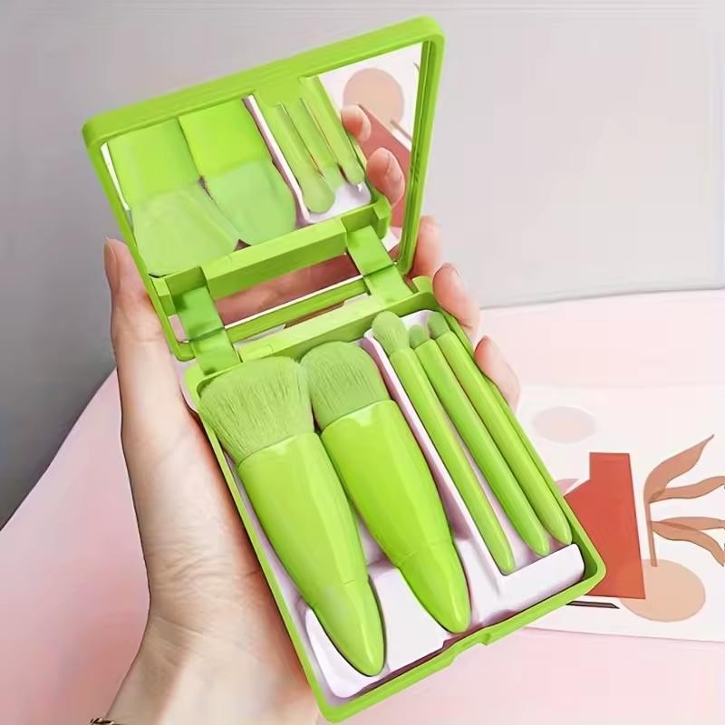 5-Piece Travel Makeup Brush Set with Mirror for Daily Touch-Ups