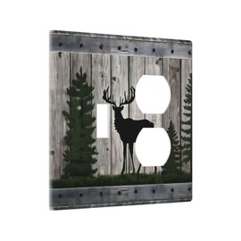 LuHuoLu Decorative Outlet Covers Rustic Deer Elk Forest Grey Wood Board 2 Gang Wall Plate Cover Single Toggle Duplex Combo Two Switch Light Switch Cover Plate Jumbo Faceplate