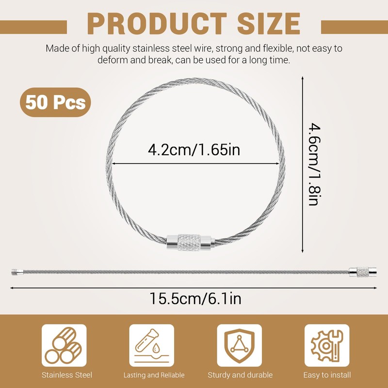 ASTIMESA 50 Pack Silver Stainless Steel Wire Keychain Cable, 2
