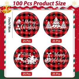 OBUSATT 100 Pcs Christmas Paper Plates Party Decorations Red Black Buffalo Plates 7inch Disposable Merry Christmas Tree Santa Dinner Plates Tableware Set for Xmas Winter Holiday Party Supplies