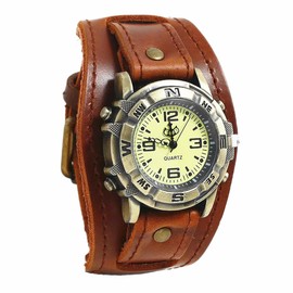 MINILUJIA Handmade Men Watches Vintage Punk Hip-hop Gothic Soft Wide Leather Fashion Cuff Women Wristwatch Round Bronze Dial Quartz (Brown)
