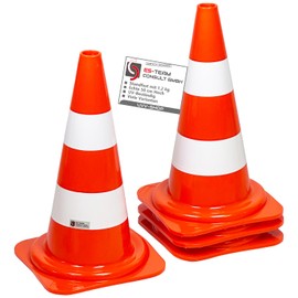 UvV 4 x 50 cm Traffic Cones Warning Cones Pylon 1.2 kg Heavy 500 mm Traffic Cones Orange with 2 White Strips (Foil) Stackable (Orange/White)