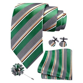 GUSLESON 3.15"（8cm） Mens Stripe Tie and Lapel Pin Necktie Hankerchief Cufflinks Set for Men, Green / Orange / White, general