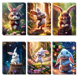 Goldziples Set of 12 Easter Cards – High-Quality Postcards with Cute Rabbit – A6 Happy Easter Set with Sayings – Greetings to the Family – for Writing and Printing
