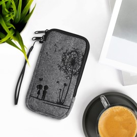 kwmobile Felt Phone Pouch Size XL - 6.7/6.8" - Zippered Universal Bag with Zipper and Embroidered Design - Dandelion Love Black/Light Grey