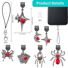 WEWAYSMILE 8 Pieces Type C USB C Dust Plug with Phone Charms for Most USB-C and Type-C Phones, Computers and Devices (Gothic Star Spider)