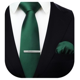 HISDERN Men's Wedding Ties and Pocket Square Tie Clip Set Plain in Various Colours, Green