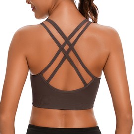 Leversic Sports Bra for Women Padded Yoga Bra Mid Impact Sports Bra Strappy Cross Back Crop Top for Fitness Yoga Gym(315-Brown,XL)