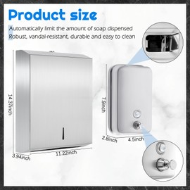 Kritkin 2 Pcs Commercial Soap Dispenser and Paper Towel Dispenser Set with Lock-Stainless Steel,Wall Mount,Large Capacity Manual Liquid Pump Rust Proof Leak Free for Home Bathroom (1000 ml,Style 1)