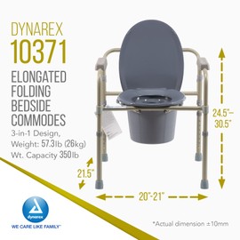 Dynarex Elongated Folding Bedside Commodes, 3-in-1 Design, Functions as a Commode, Raised Toilet Seat or Safety Rails, with Armrests, Drop-in Bucket & Splash Guard, 4 Commodes