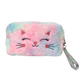 Fashion Culture Plush Cat Cosmetic Bag, Pastel Rainbow Faux Fur Makeup Pouch with Holographic Wrist Strap, Pink and Blue