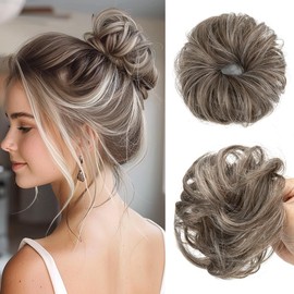 CJL HAIR 2PCs Small Cute Messy Bun Hair Piece for Thin Hair Women Girl Mini Synthetic Curly Bun Scrunchies Updo Hairpieces for Kids Middle Grey