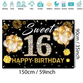 Happy 16th Birthday Backdrop Banner for Girl Sweet 16 Fabric Sign Poster Party Decoration, Black and Gold Photography Background 16th Birthday Party Supplies, 150x90cm