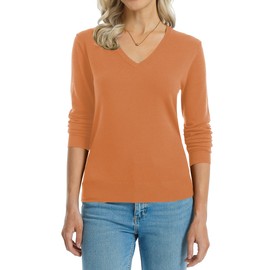 QUALFORT Sweaters for Women V Neck Long Sleeve Pullover Sweater Knitwear Orange Small