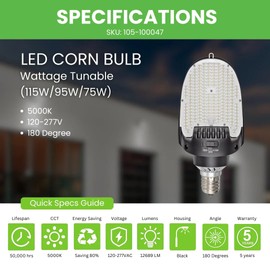 GREENLIGHTDEPOT 115W LED Corn Bulb - Wattage Adjustable (115W/95W/75W) - E39-180 Degree - (UL+DLC) - 5 Year Warranty