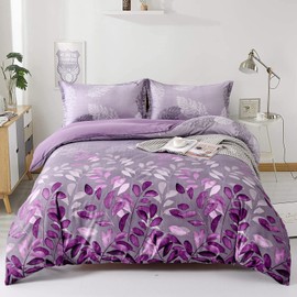 Purple Duvet Cover Double Purple Floral Bedding Set, Reversible Lightweight Leaves Bedding Sets 3pcs with Zipper Closure (Double, 200x200cm)