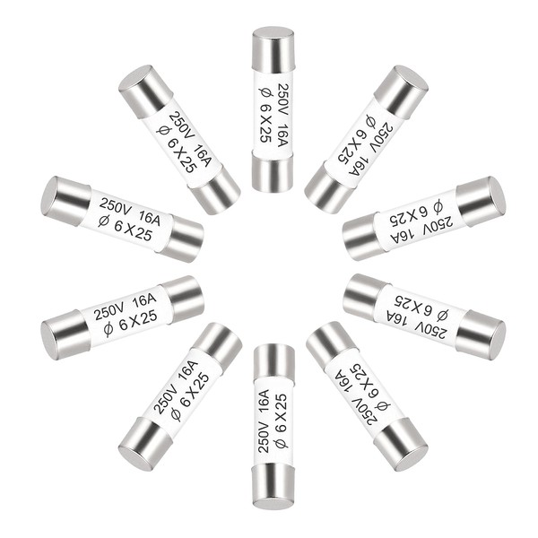sourcing map Ceramic Cartridge Fuses 16A 250V 6x25mm Ceramic Fuses Fast Blow Replacement for Amplifier Energy Saving Lamp Ballast 10pcs