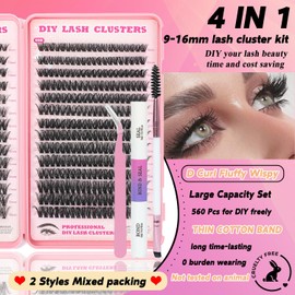 Lash Clusters Kit, 560 Pcs Eyelashes Clusters Kit 9-16mm Individual Lash Extension Kit D Curl Fluffy Wispy False Eyelashes (50D+60D New, Lash Clusters Kit)
