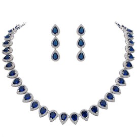 EleQueen Women's Silver-tone Full Prong Cubic Zirconia Teardrop Bridal Necklace Earrings Set Sapphire Color