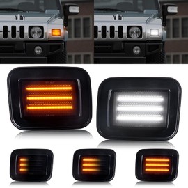 Gempro Led Sequential Amber Front Turn Signal Side Marker Lights White Parking Lamps for Hummer H2 2003-2009, 2PCS Smoked Len