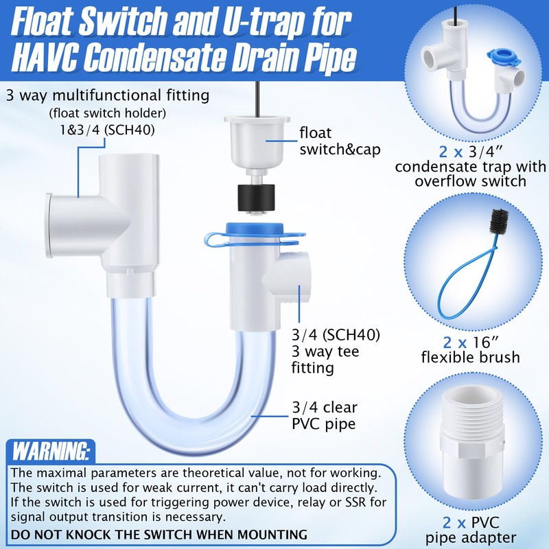 Feekoon 2 Pack Condensate Trap with Built in Overflow Switch,
