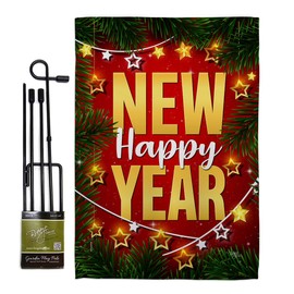 Breeze Decor Lightful New Year Garden Flag Set with Stand Winter Clock Countdown Champagne Party Fireworks Celebrate House Decoration Banner Small Yard Gift Double-Sided, Made in USA