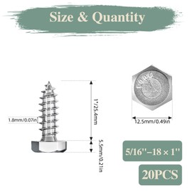 GOHODOMINO 5/16"×1" Hex Head Lag Screws Bolts 20Pcs, Stainless Steel 304 (18-8), Self Tapping Screws, Hexagon Head Wood Screws